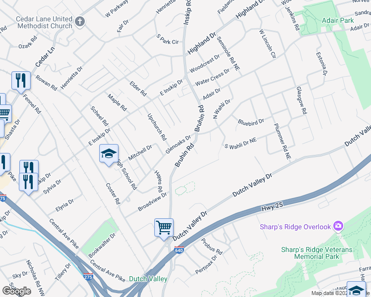 map of restaurants, bars, coffee shops, grocery stores, and more near 809 Glenoaks Drive in Knoxville