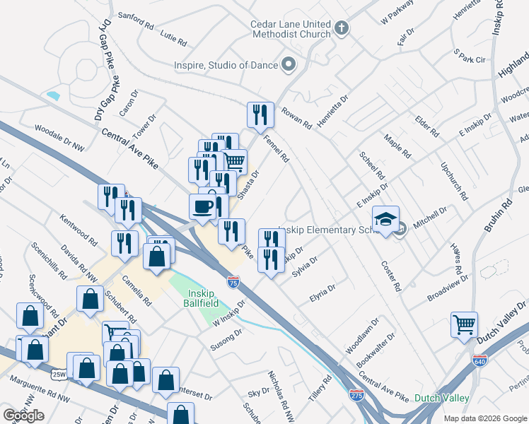 map of restaurants, bars, coffee shops, grocery stores, and more near 117 Naueda Drive in Knoxville