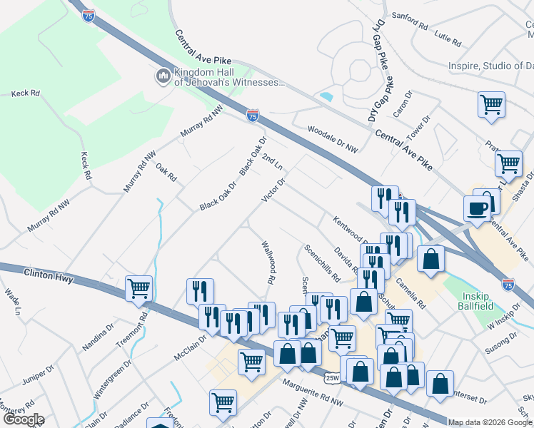 map of restaurants, bars, coffee shops, grocery stores, and more near 325 Victor Drive in Knoxville