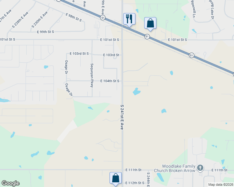 map of restaurants, bars, coffee shops, grocery stores, and more near 10706 South 240th East Avenue in Broken Arrow