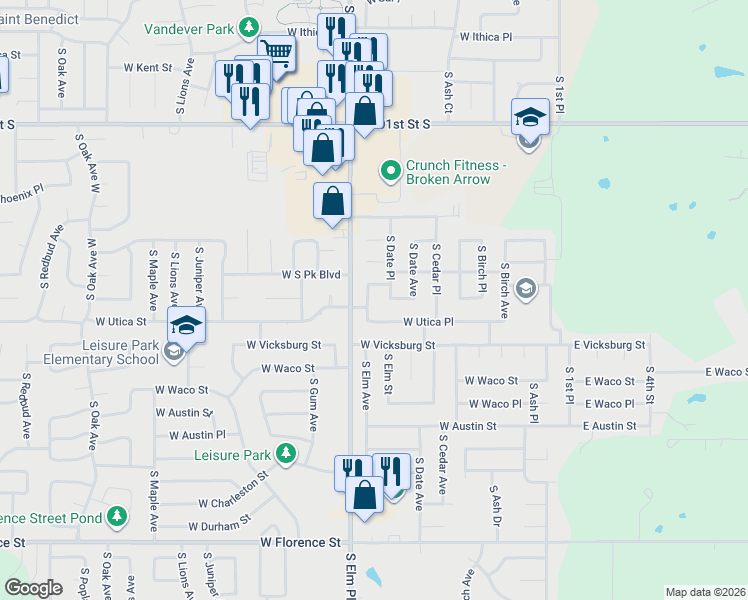 map of restaurants, bars, coffee shops, grocery stores, and more near 504 West Twin Oaks Street in Broken Arrow
