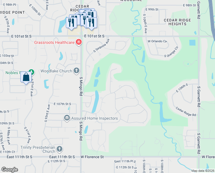 map of restaurants, bars, coffee shops, grocery stores, and more near 4012 South Quinoa Avenue in Broken Arrow