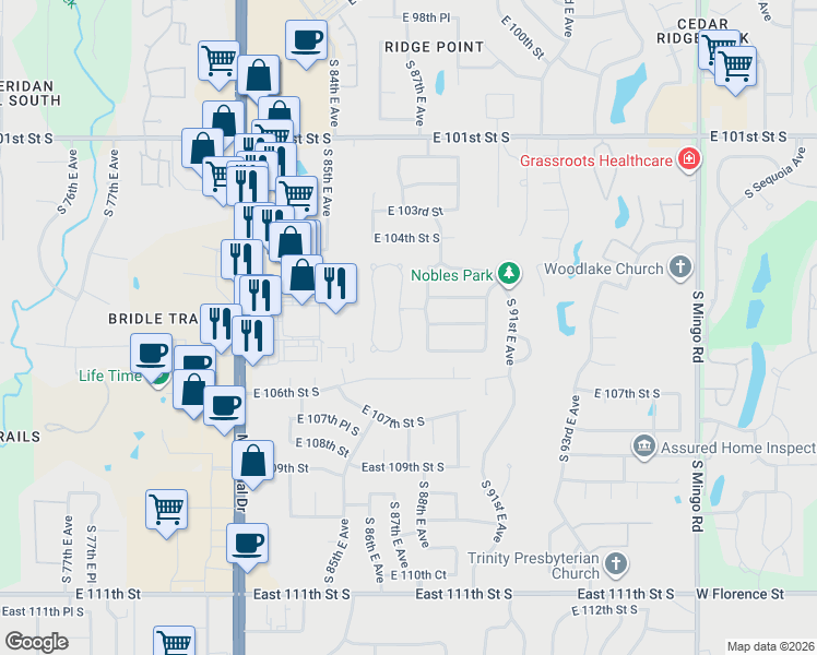 map of restaurants, bars, coffee shops, grocery stores, and more near 10481 South 86th East Place in Tulsa