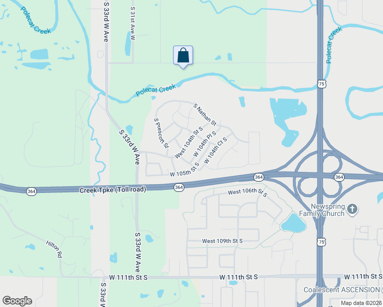map of restaurants, bars, coffee shops, grocery stores, and more near 4014 West 104th Street South in Jenks