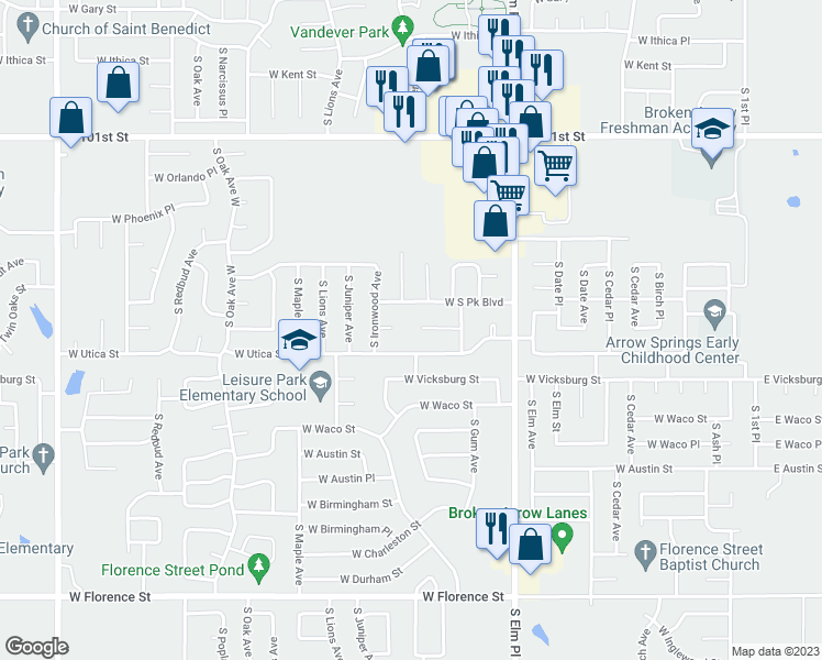map of restaurants, bars, coffee shops, grocery stores, and more near 820 West Twin Oaks Drive in Broken Arrow