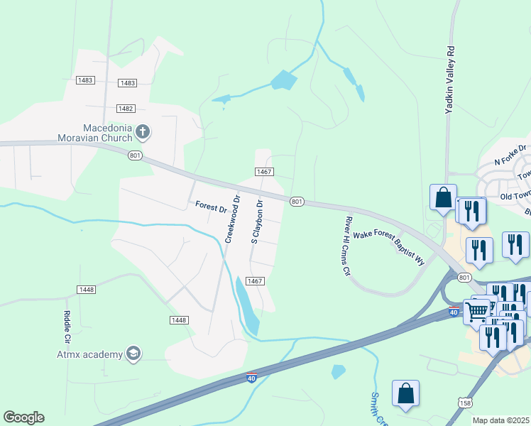 map of restaurants, bars, coffee shops, grocery stores, and more near 535 North Carolina 801 in Advance