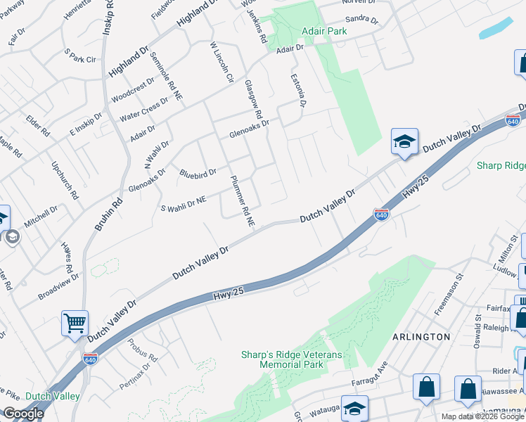 map of restaurants, bars, coffee shops, grocery stores, and more near 1306 East Walnut Grove Drive in Knoxville