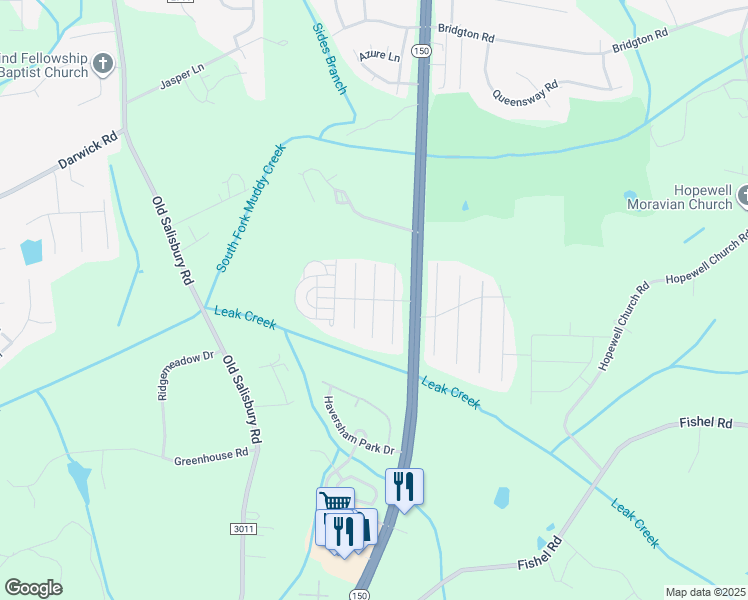 map of restaurants, bars, coffee shops, grocery stores, and more near Village Park Court in Winston-Salem