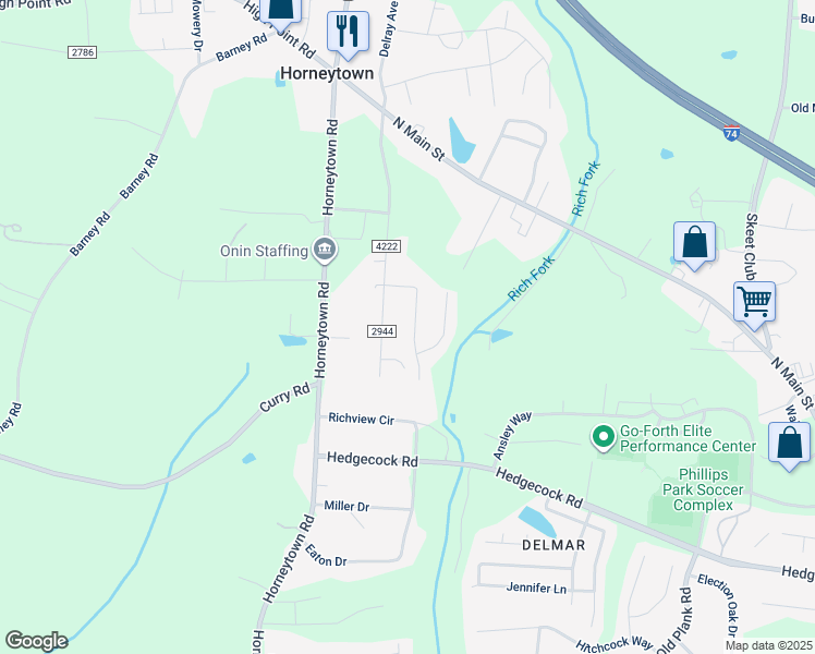 map of restaurants, bars, coffee shops, grocery stores, and more near 6723 Maize Drive in High Point