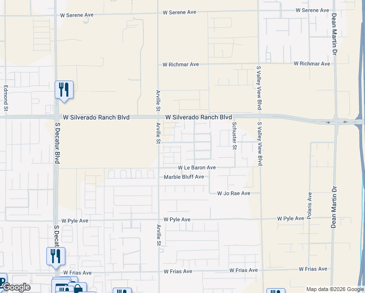 map of restaurants, bars, coffee shops, grocery stores, and more near 4245 West Silverado Ranch Boulevard in Las Vegas