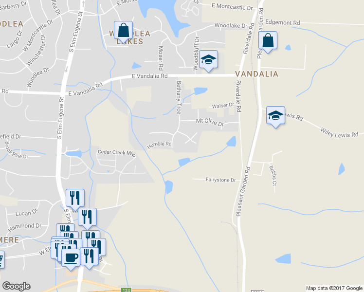 map of restaurants, bars, coffee shops, grocery stores, and more near 3807 Fig Leaf Court in Greensboro