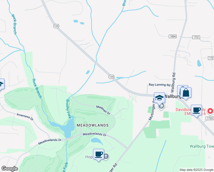 map of restaurants, bars, coffee shops, grocery stores, and more near 9289 North Carolina 109 in Winston-Salem