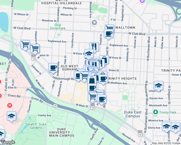 map of restaurants, bars, coffee shops, grocery stores, and more near 811 9th Street in Durham