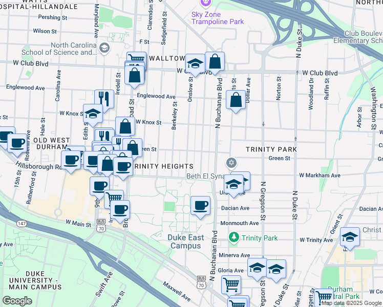 map of restaurants, bars, coffee shops, grocery stores, and more near 905 Onslow Street in Durham