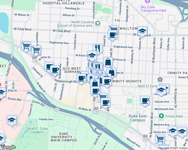 map of restaurants, bars, coffee shops, grocery stores, and more near 811 9th Street in Durham