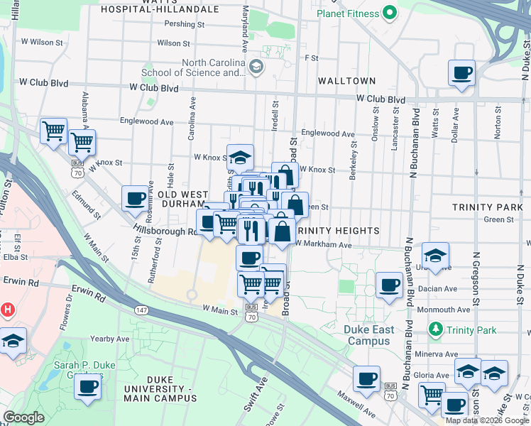 map of restaurants, bars, coffee shops, grocery stores, and more near 901 Iredell Street in Durham