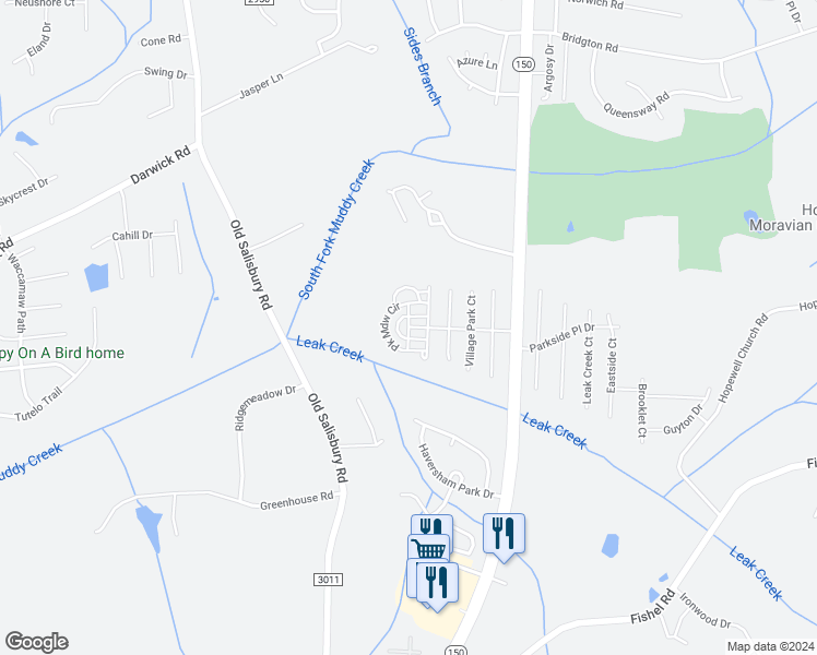 map of restaurants, bars, coffee shops, grocery stores, and more near Overcreek Court in Winston-Salem