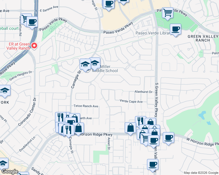 map of restaurants, bars, coffee shops, grocery stores, and more near 2262 Alanhurst Drive in Henderson