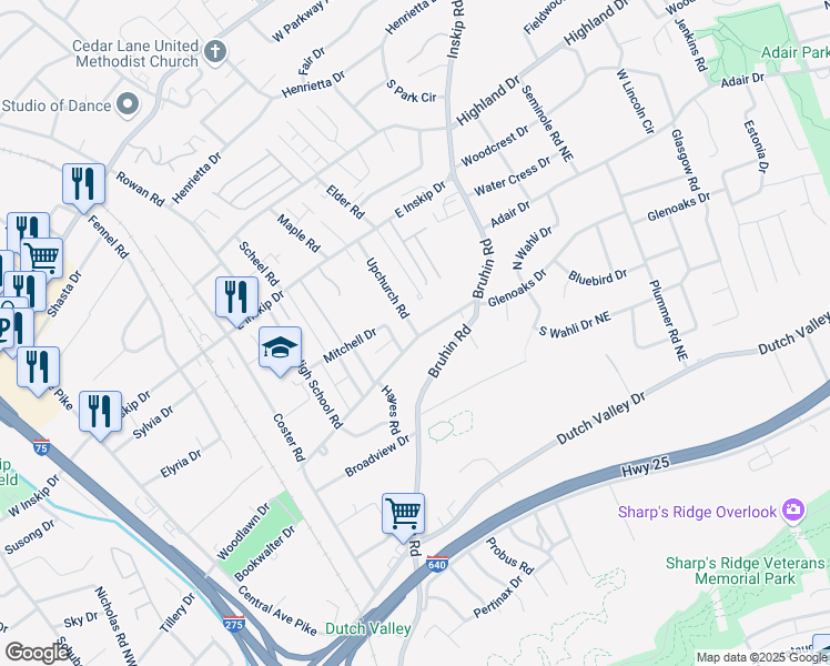map of restaurants, bars, coffee shops, grocery stores, and more near 809 Glenoaks Drive in Knoxville