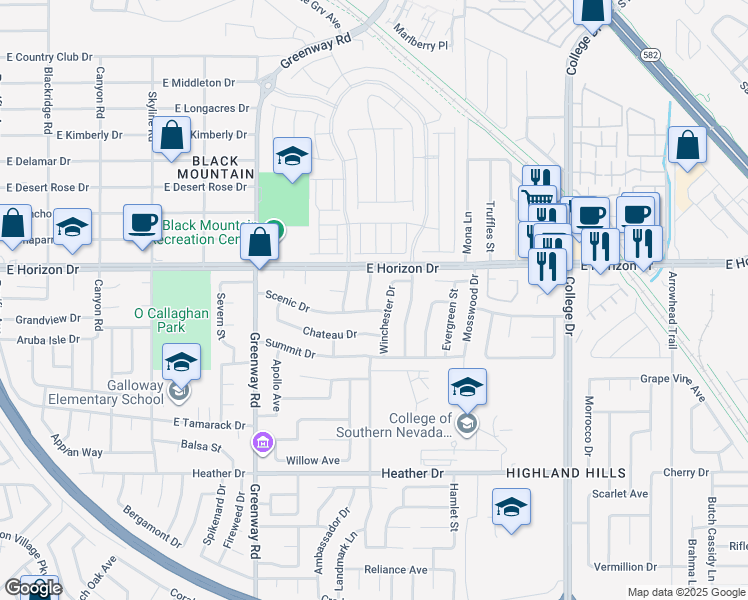 map of restaurants, bars, coffee shops, grocery stores, and more near 605 Overland Drive in Henderson