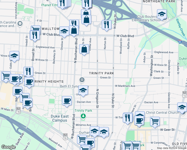 map of restaurants, bars, coffee shops, grocery stores, and more near 1008 Green Street in Durham