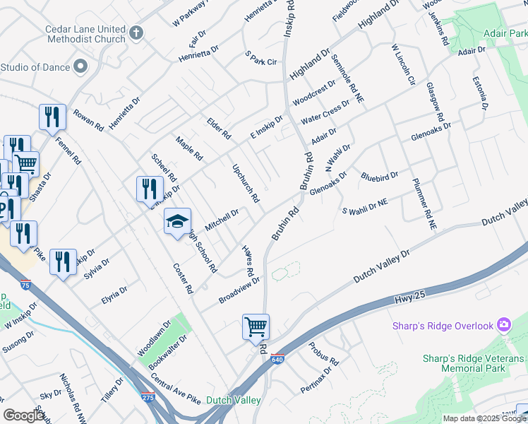map of restaurants, bars, coffee shops, grocery stores, and more near 809 Glenoaks Drive in Knoxville