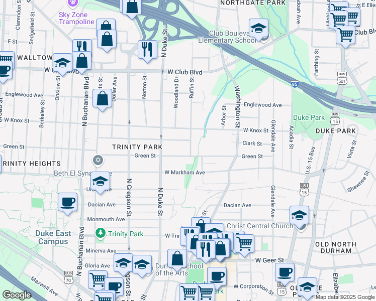 map of restaurants, bars, coffee shops, grocery stores, and more near 1203 Ruffin Street in Durham