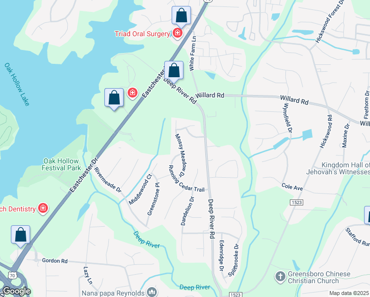 map of restaurants, bars, coffee shops, grocery stores, and more near 2816 Mossy Meadow Drive in High Point