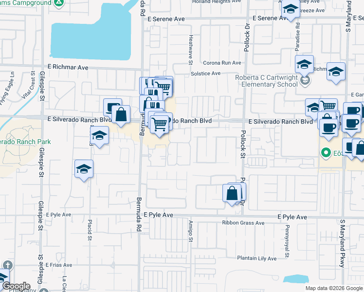 map of restaurants, bars, coffee shops, grocery stores, and more near 555 East Silverado Ranch Boulevard in Las Vegas