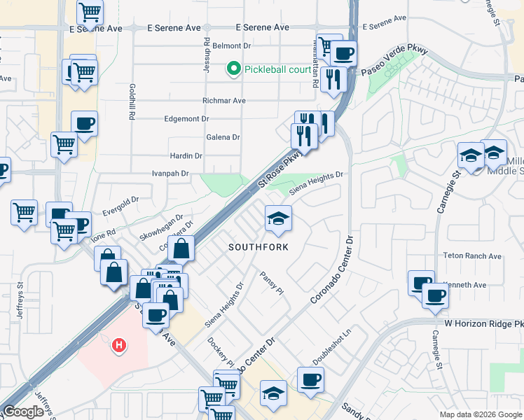 map of restaurants, bars, coffee shops, grocery stores, and more near 500 Recognition Place in Henderson