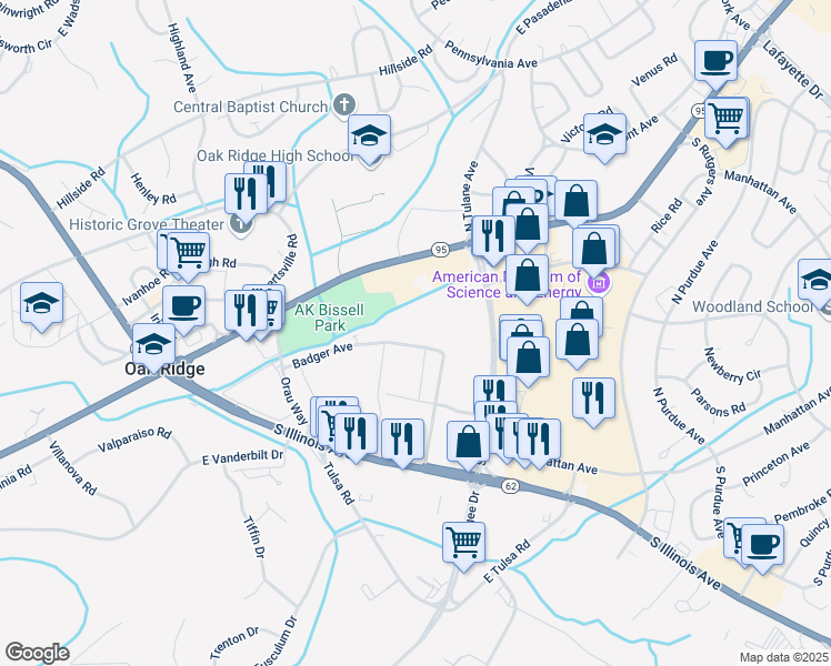 map of restaurants, bars, coffee shops, grocery stores, and more near 201 Badger Avenue in Oak Ridge