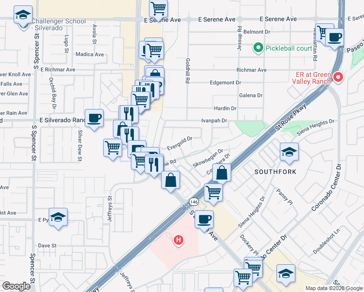 map of restaurants, bars, coffee shops, grocery stores, and more near 2899 Evergold Drive in Henderson