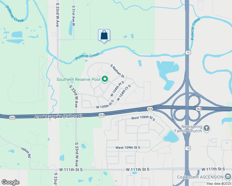 map of restaurants, bars, coffee shops, grocery stores, and more near 4010 West 104th Place South in Jenks