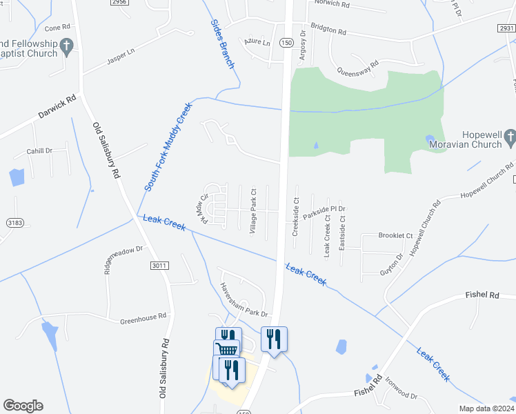 map of restaurants, bars, coffee shops, grocery stores, and more near 3997 Village Park Court in Winston-Salem