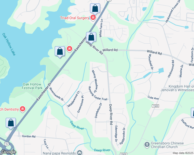 map of restaurants, bars, coffee shops, grocery stores, and more near 2816 Mossy Meadow Drive in High Point