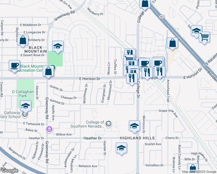 map of restaurants, bars, coffee shops, grocery stores, and more near 601 Mosswood Drive in Henderson