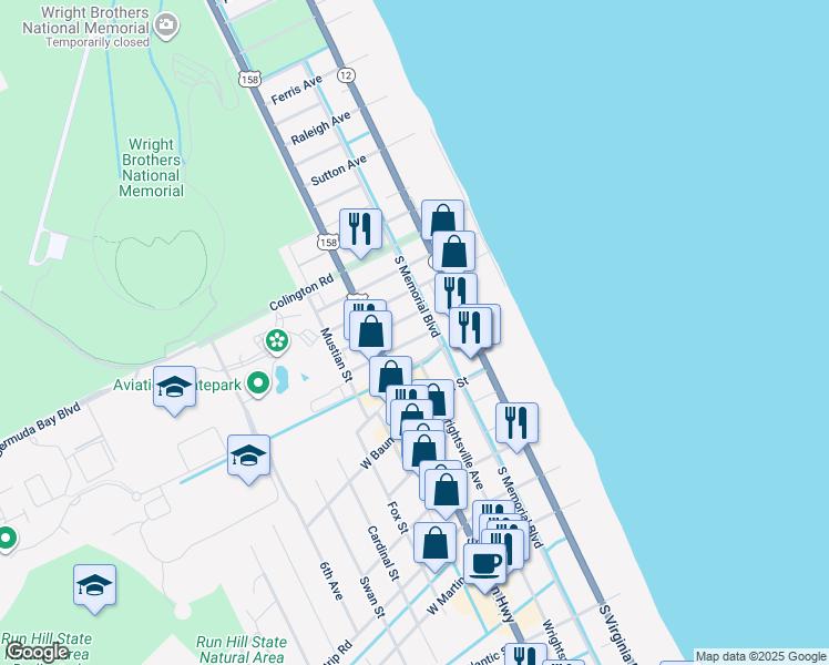 map of restaurants, bars, coffee shops, grocery stores, and more near 110 East Meadowlark Street in Kill Devil Hills