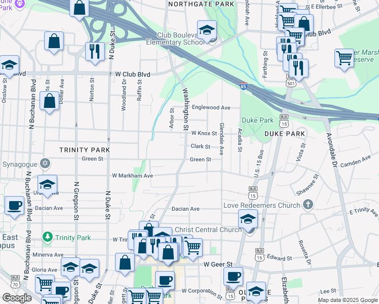 map of restaurants, bars, coffee shops, grocery stores, and more near 330 Clark Street in Durham