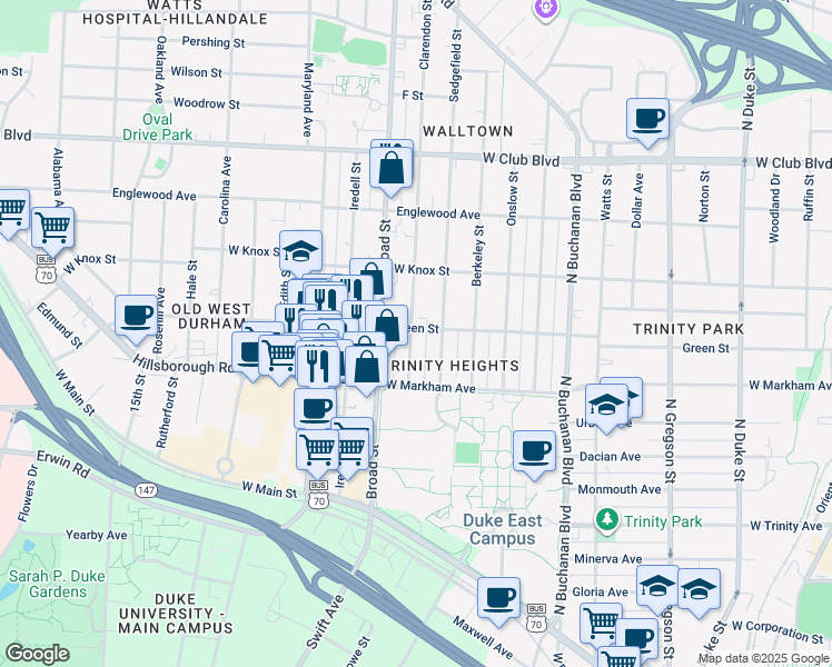 map of restaurants, bars, coffee shops, grocery stores, and more near 1610 Green Street in Durham