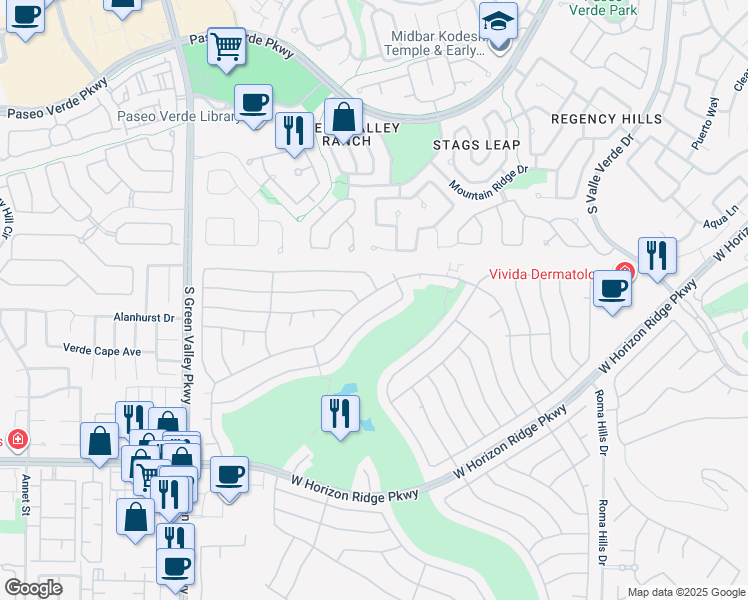 map of restaurants, bars, coffee shops, grocery stores, and more near 2093 High Mesa Drive in Henderson