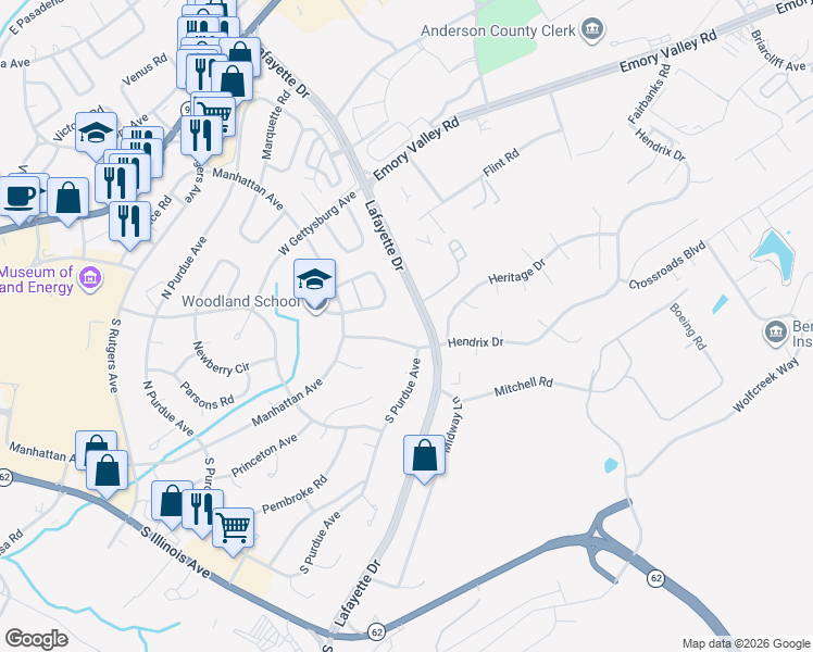 map of restaurants, bars, coffee shops, grocery stores, and more near 129 Marietta Circle in Oak Ridge