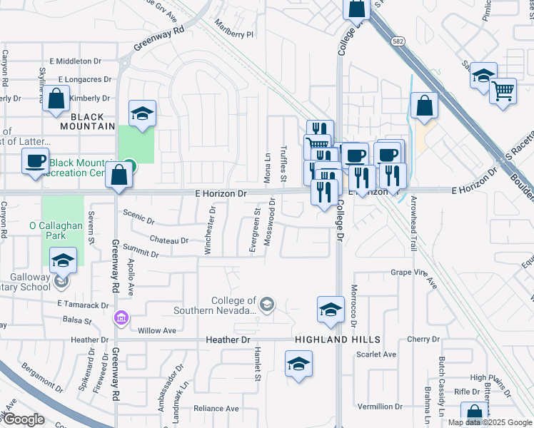 map of restaurants, bars, coffee shops, grocery stores, and more near 601 Mosswood Drive in Henderson