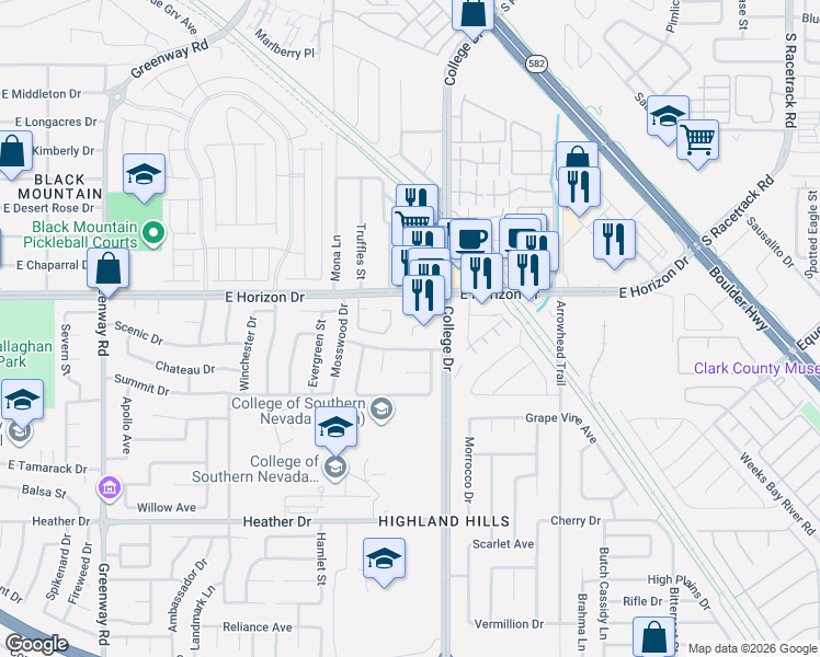 map of restaurants, bars, coffee shops, grocery stores, and more near 646 East Horizon Drive in Henderson