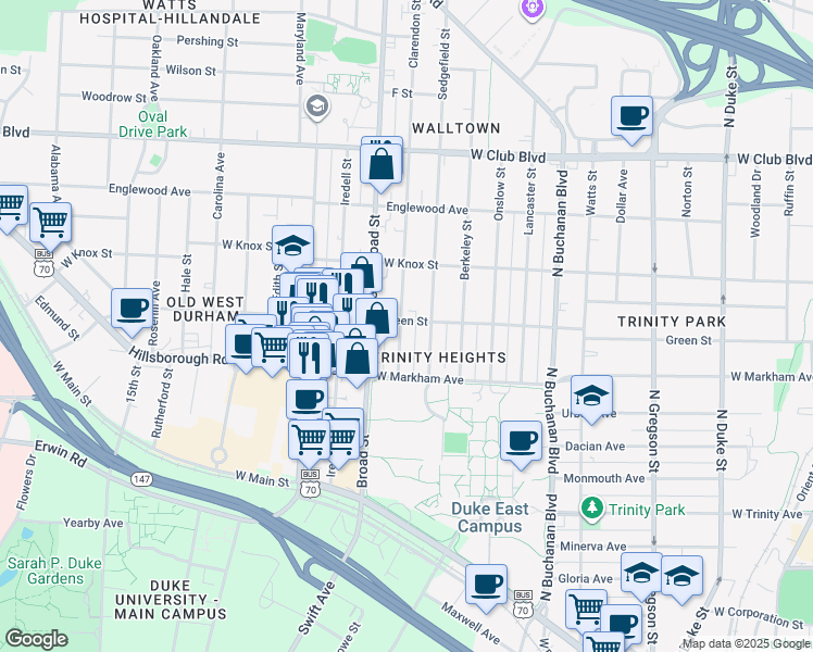 map of restaurants, bars, coffee shops, grocery stores, and more near 1610 Green Street in Durham