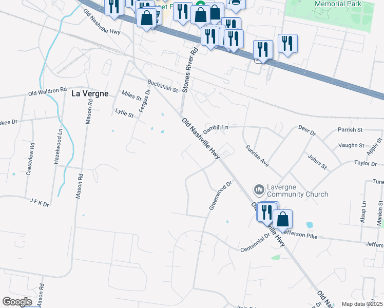 map of restaurants, bars, coffee shops, grocery stores, and more near 324 Kelsey Court in La Vergne