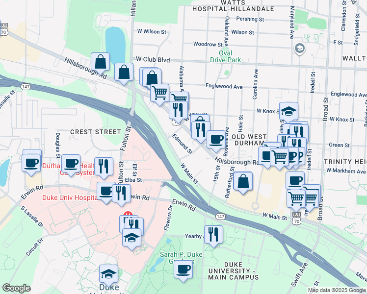 map of restaurants, bars, coffee shops, grocery stores, and more near 2711 Edmund Street in Durham