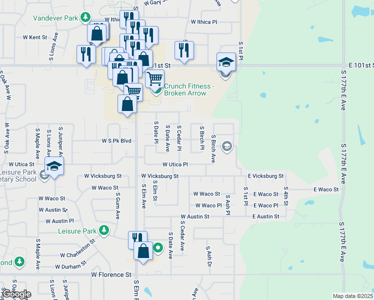 map of restaurants, bars, coffee shops, grocery stores, and more near 4112 South Cedar Avenue in Broken Arrow