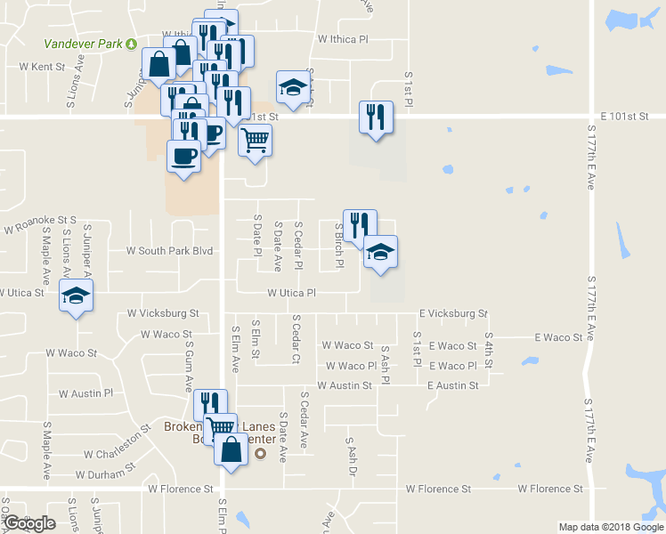 map of restaurants, bars, coffee shops, grocery stores, and more near 4112 South Birch Place in Broken Arrow