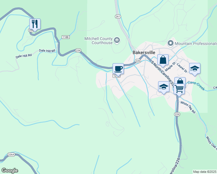 map of restaurants, bars, coffee shops, grocery stores, and more near 1 Richmond Road in Bakersville