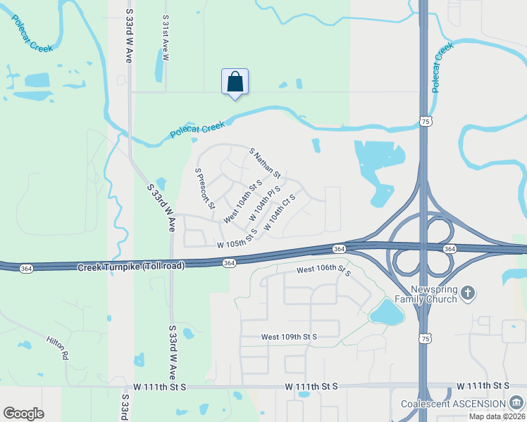 map of restaurants, bars, coffee shops, grocery stores, and more near 4008 West 104th Place South in Jenks
